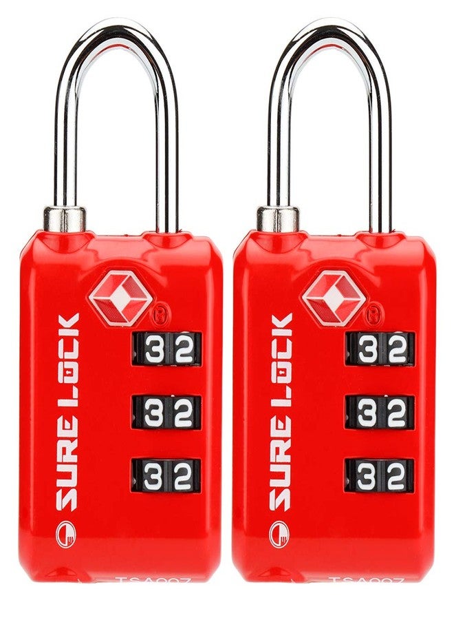 SURE LOCK TSA Approved 3 Digit Luggage Locks with Zinc Alloy Body and Hardened Steel Shackle to Lock Travel Suitcase (RED 2 Pack) - Image 1